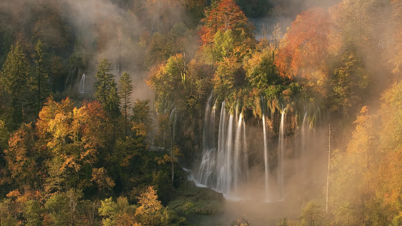 осенние цвета, утренний туман, водопад veliki pr__tavac