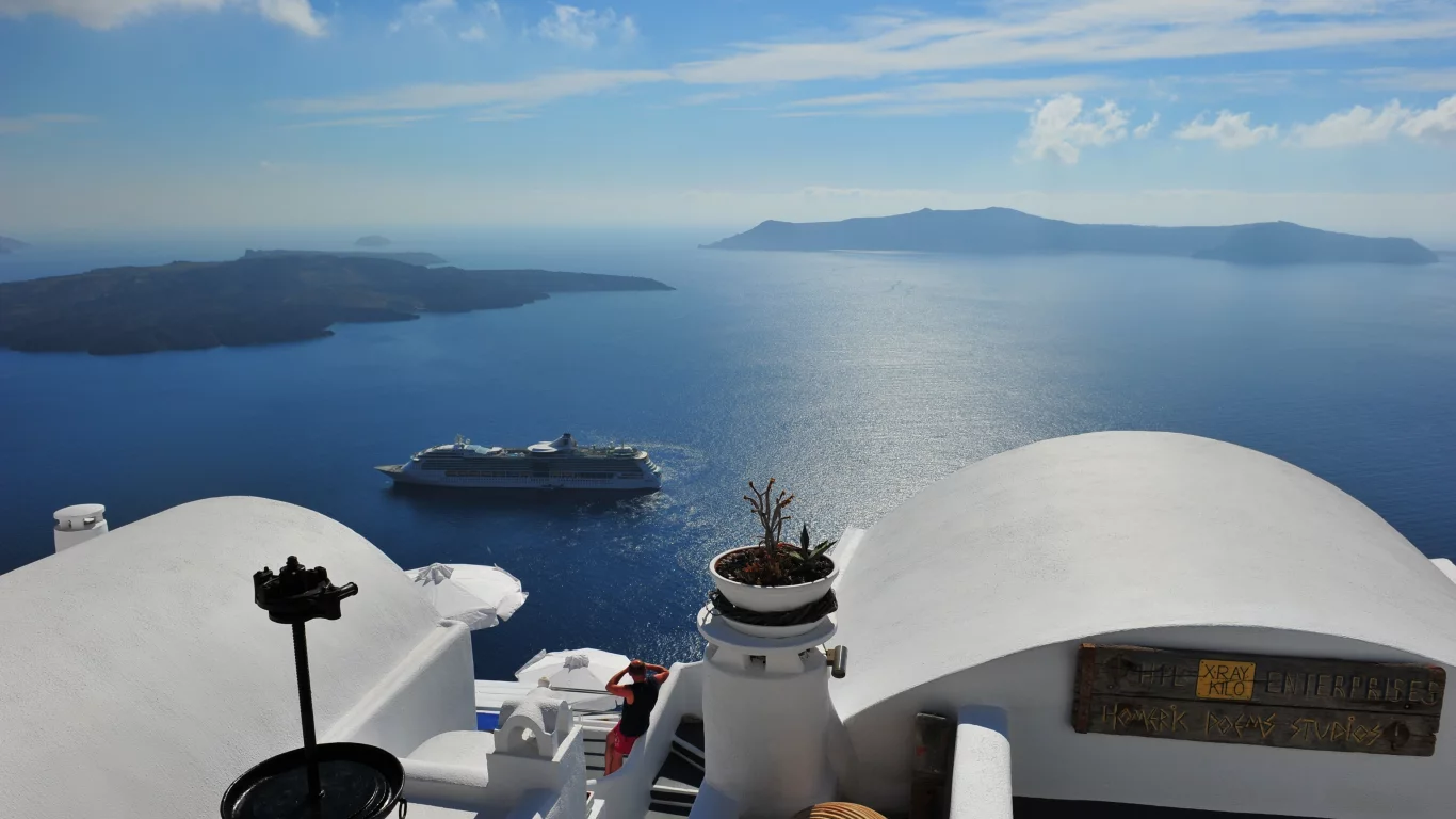 море, santorini, вид, пейзаж, греция, лайнер