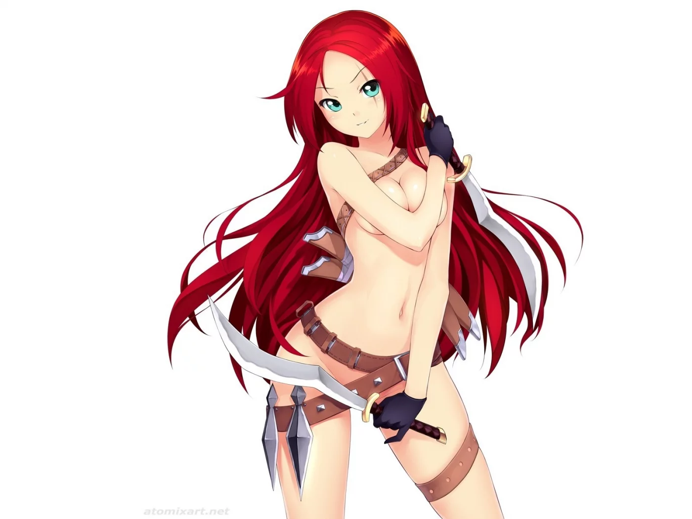 atomix, белый фон, league of legends, арт, оружие, katarina, девушка