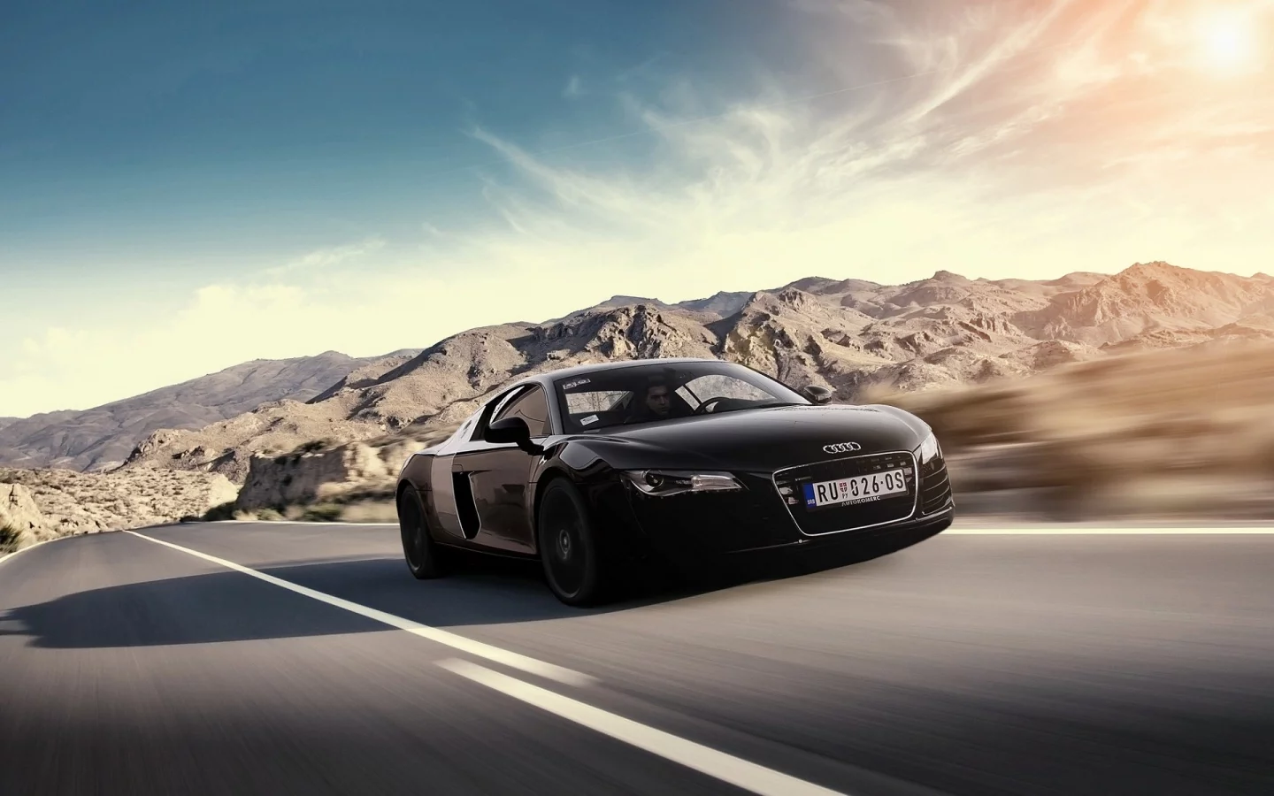 audi, чёрная, блик, ауди, black, скорость, горы, солнце, front, r8
