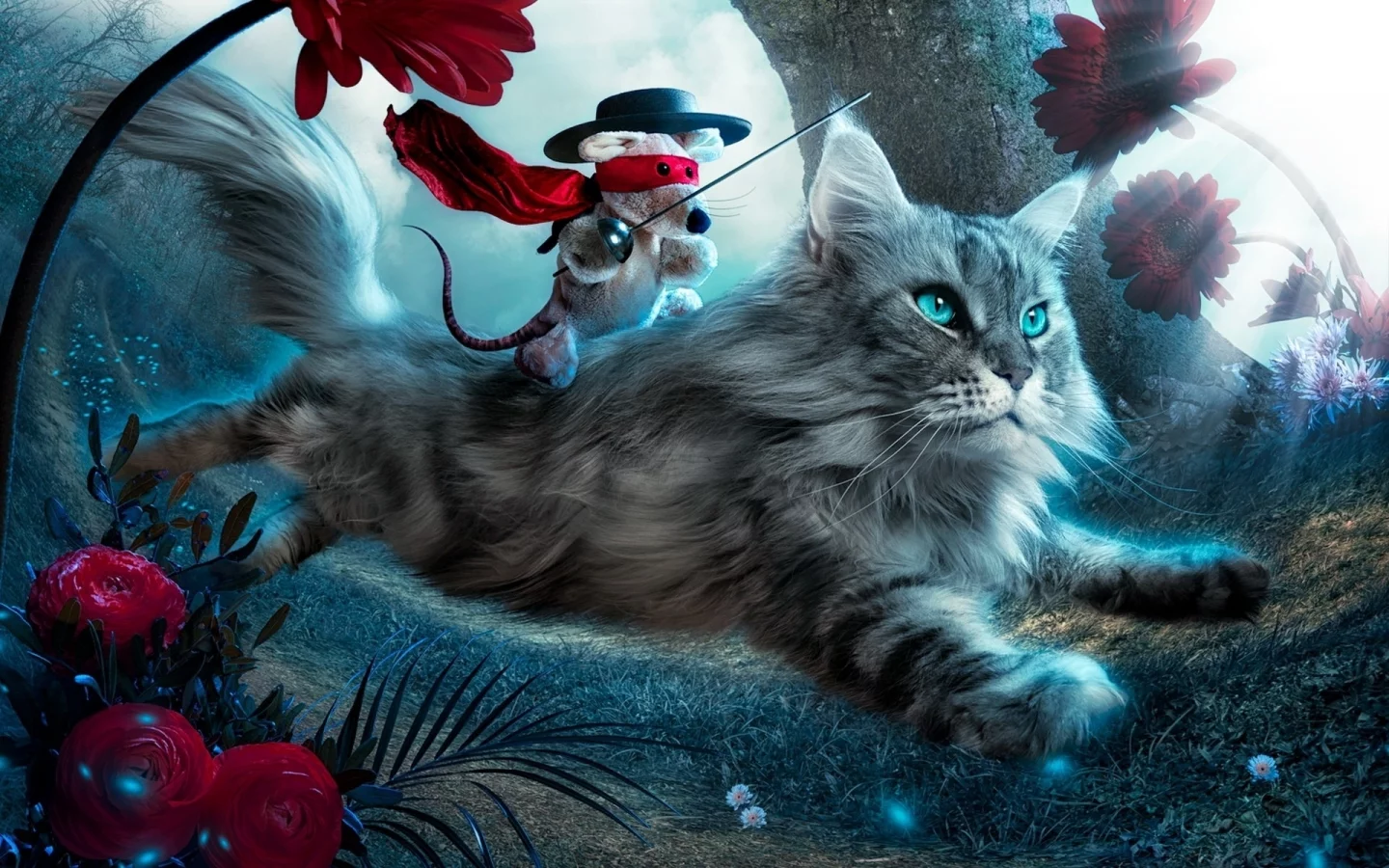 игрушка, кошка, цветы, лететь, котенок, фантазия