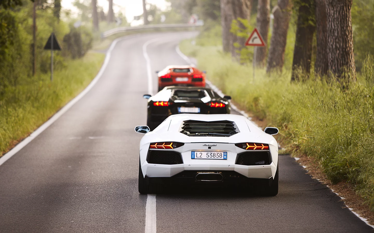 lp700-4, white, three, black, lamborghini aventador, road, mix, trees, red