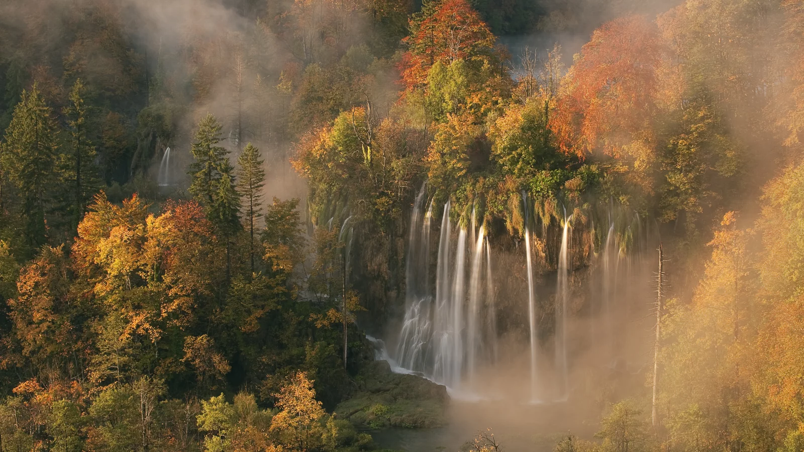 осенние цвета, утренний туман, водопад veliki pr__tavac