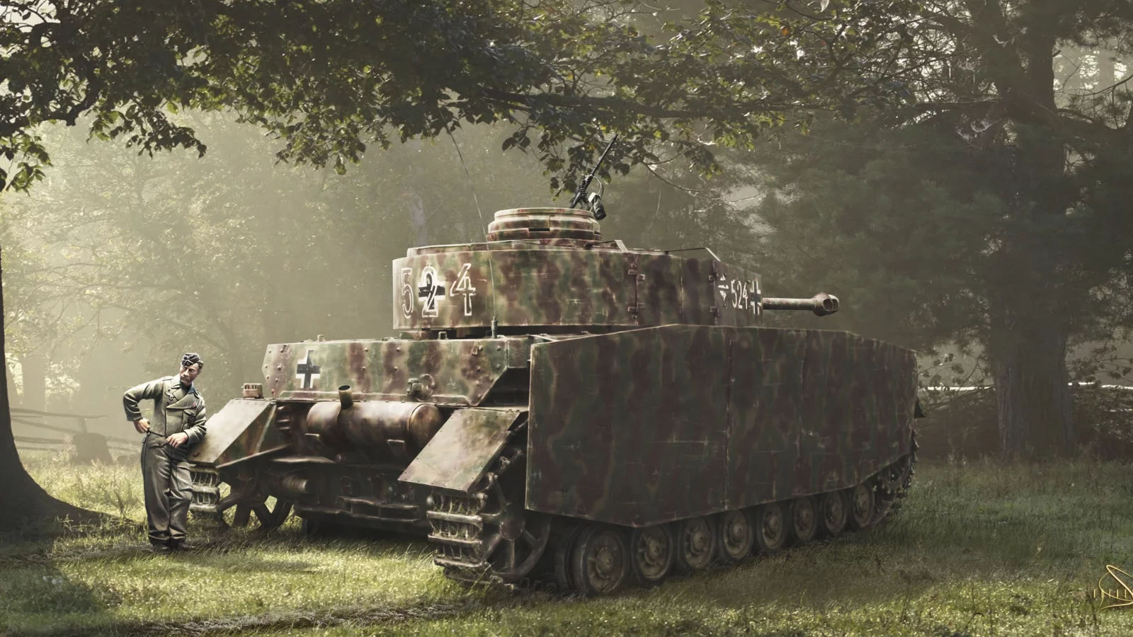 солдат, лес, танк, рисованное фото, pz-iv, вермахт