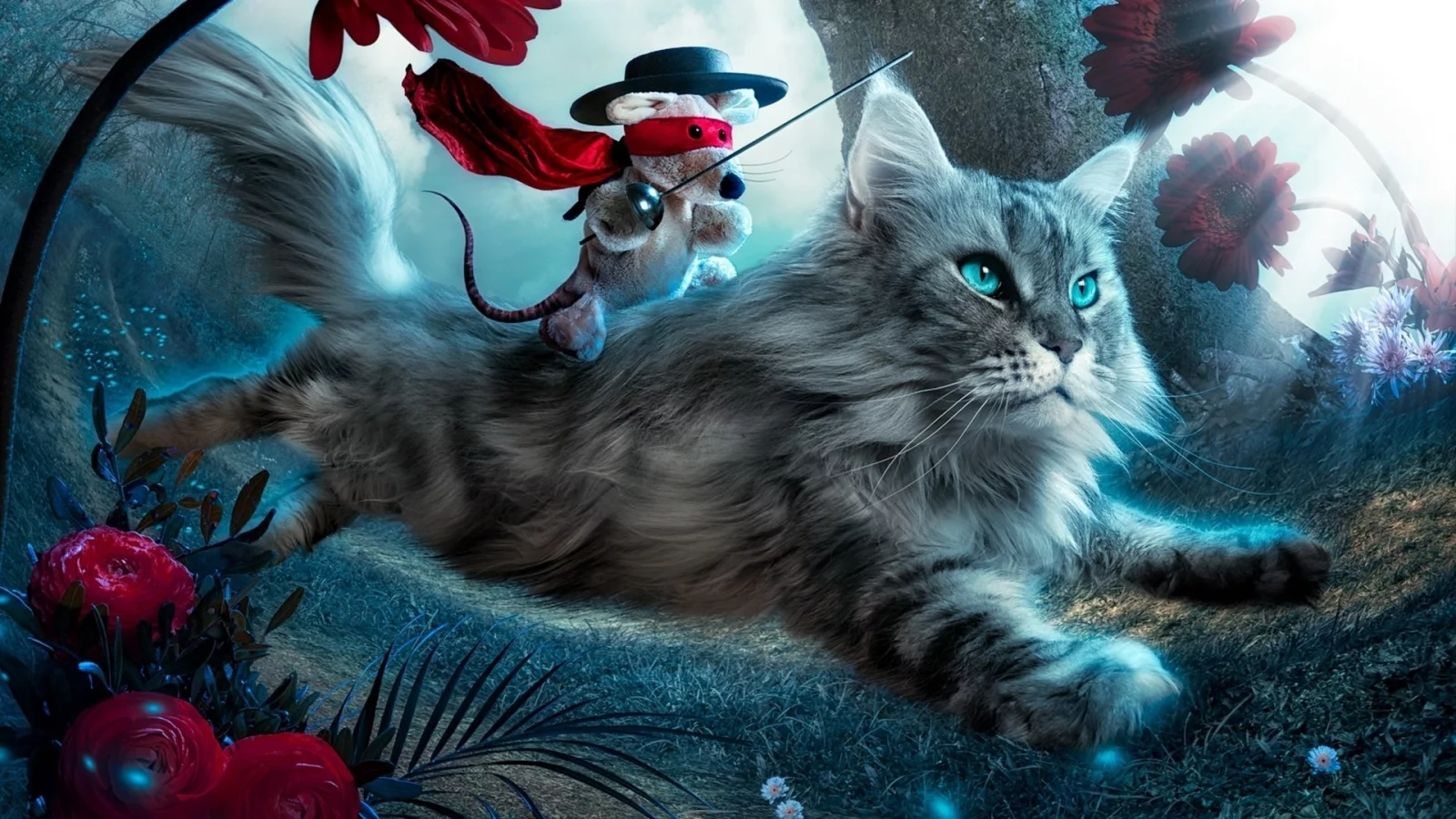игрушка, кошка, цветы, лететь, котенок, фантазия