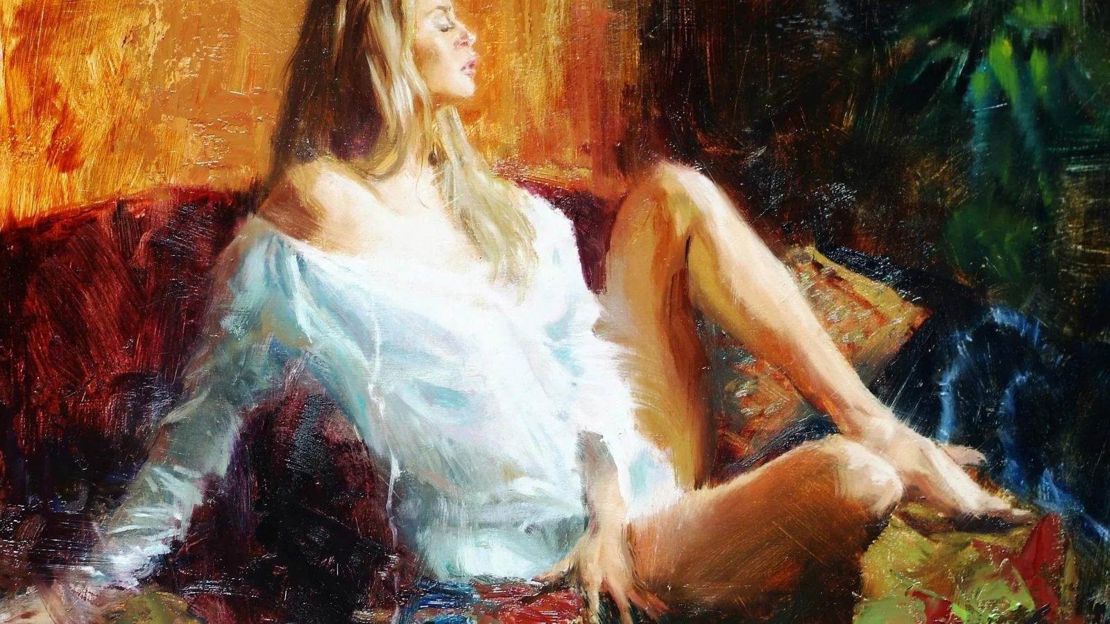 сидит, живопись, девушка, картина, теплота, eric wallis