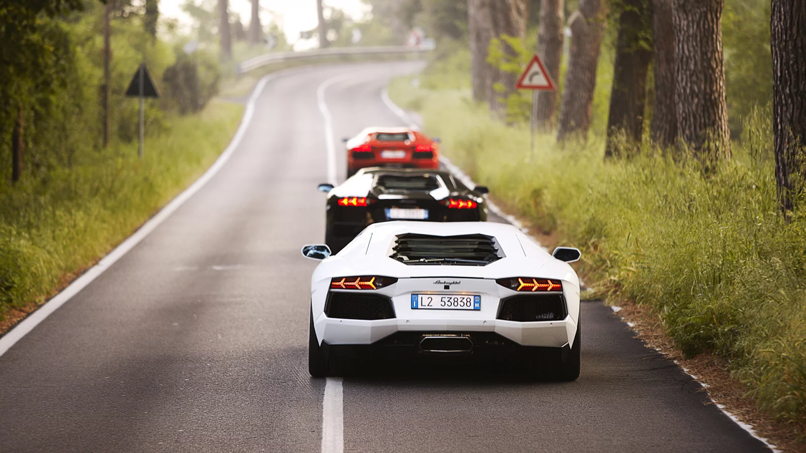 lp700-4, white, three, black, lamborghini aventador, road, mix, trees, red