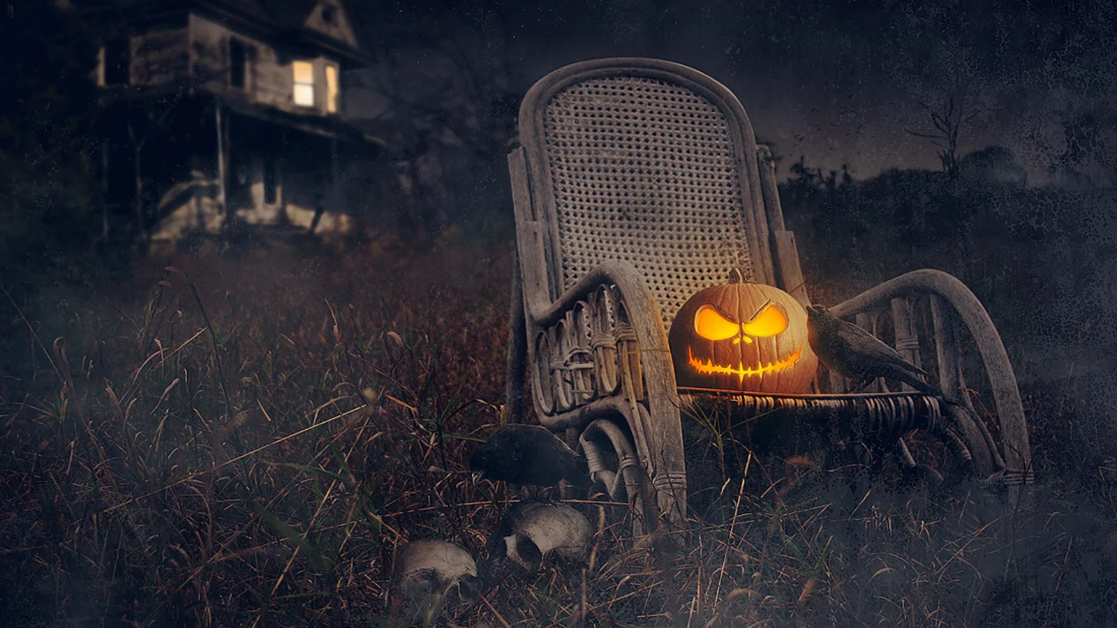 halloween, хэллоуин, дом, черепа, грачи, праздник, тыква