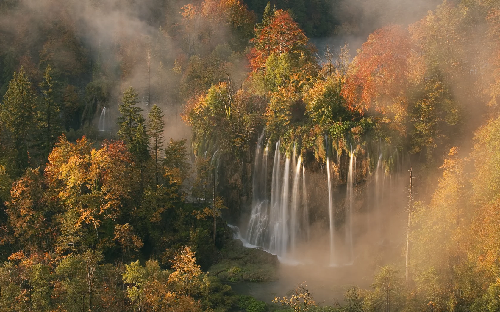 осенние цвета, утренний туман, водопад veliki pr__tavac