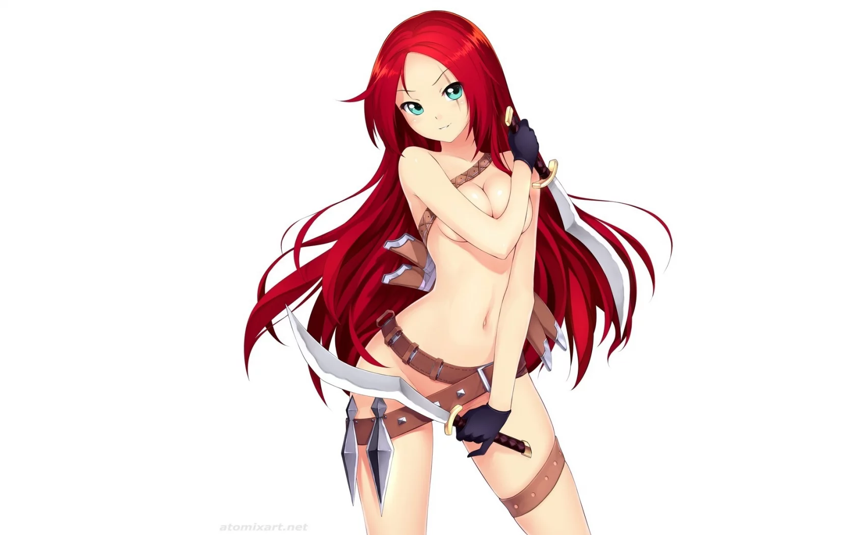 atomix, белый фон, league of legends, арт, оружие, katarina, девушка