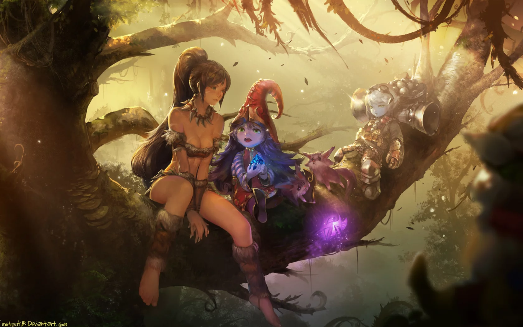instant-ip, девушка, nidalee, арт, league of legends, дерево, lulu, ветки