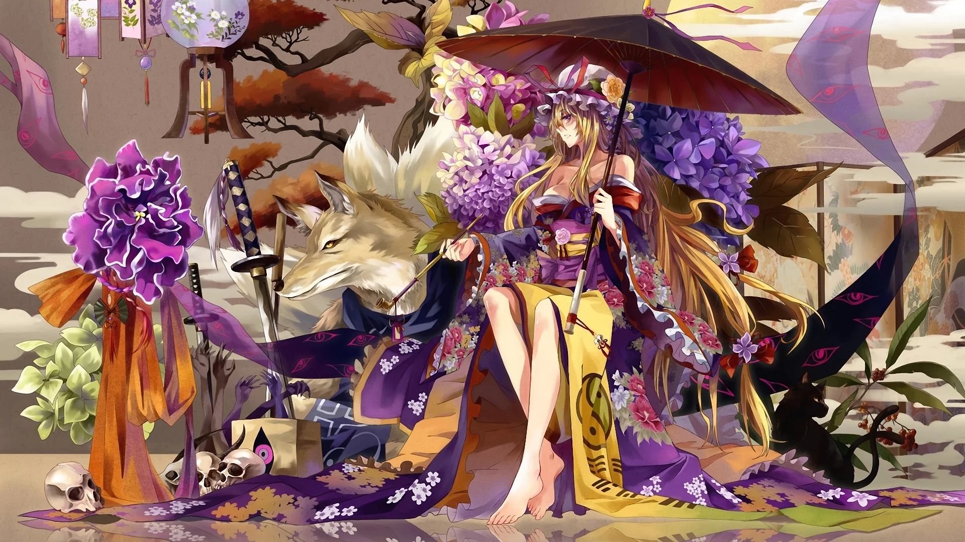 волк, девушка, chen, yakumo yukari, touhou, кимоно, yakumo ran, зонт