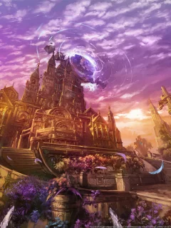 castle, sunset, game wallpapers, fantasy, magic, flowers, city, lineage 2 goddess of destruction