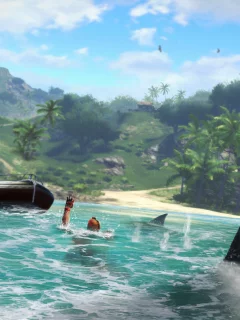 shooter, нож, море, far cry 3, кровь, горы