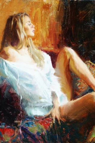 сидит, живопись, девушка, картина, теплота, eric wallis