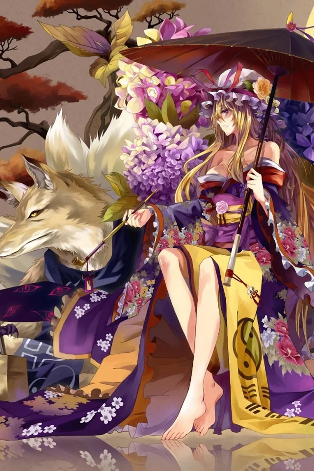 волк, девушка, chen, yakumo yukari, touhou, кимоно, yakumo ran, зонт