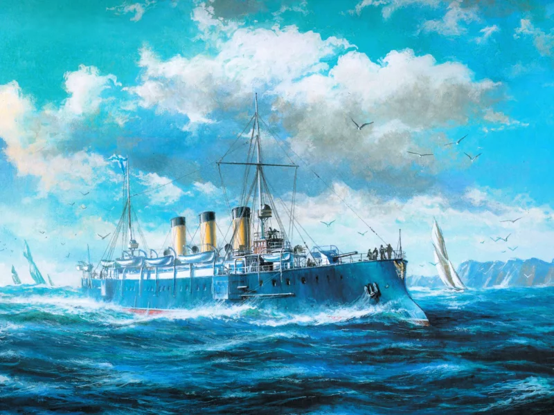 арт, облака, 1ранга, чайки, небо, волны, море, крейсер