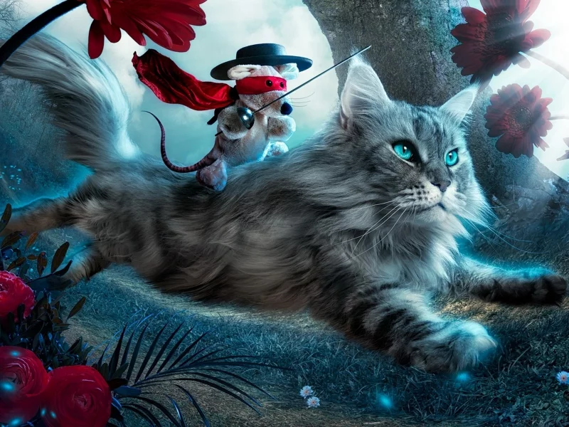 игрушка, кошка, цветы, лететь, котенок, фантазия