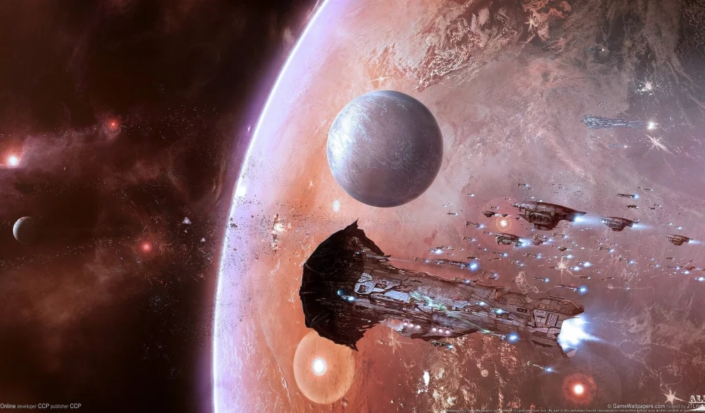 флотилия, корабли, планета, звезды, космос, eve online, астероиды