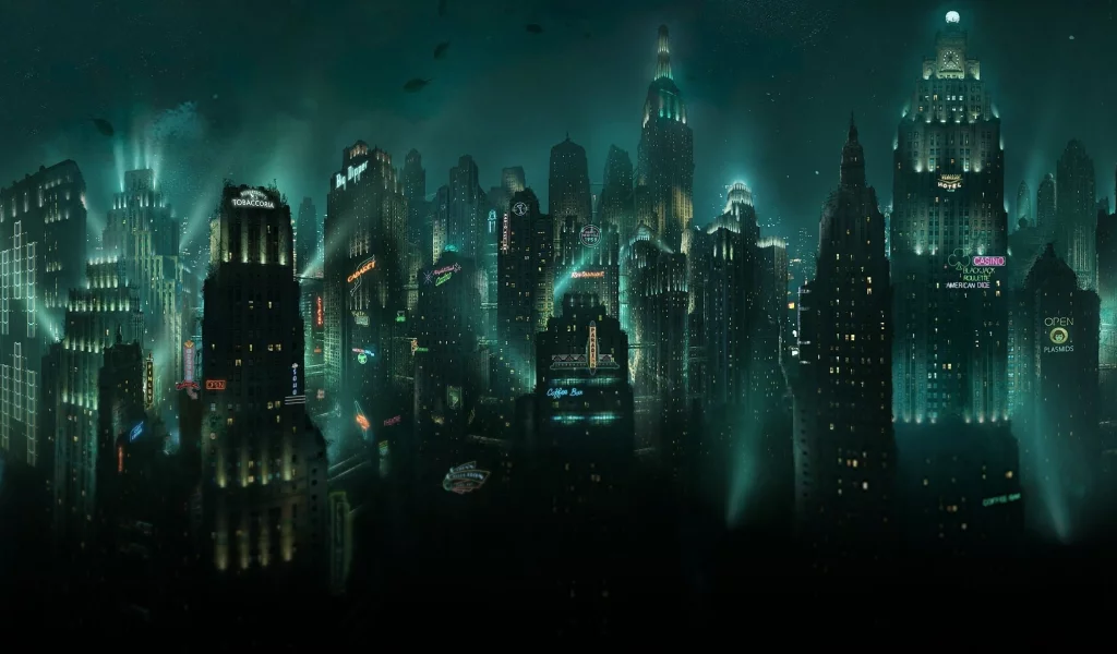 рыбы, небоскребы, подводный, восторг, город, вывески, bioshock, огни