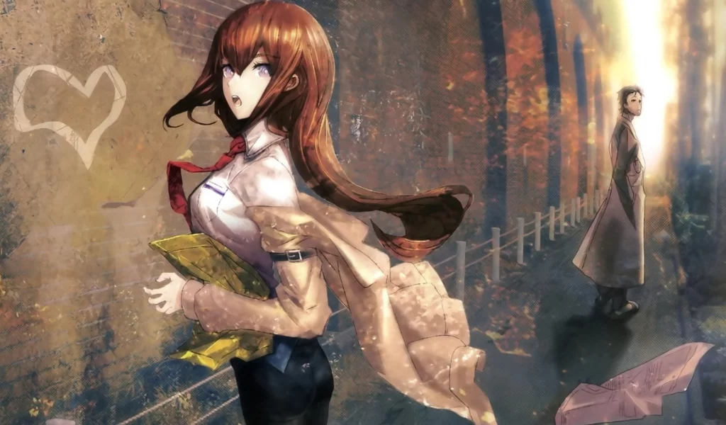 город, makise kurisu, парень, заборчик, сердечко, steins gate, девушка, стена, арт, okabe rintarou