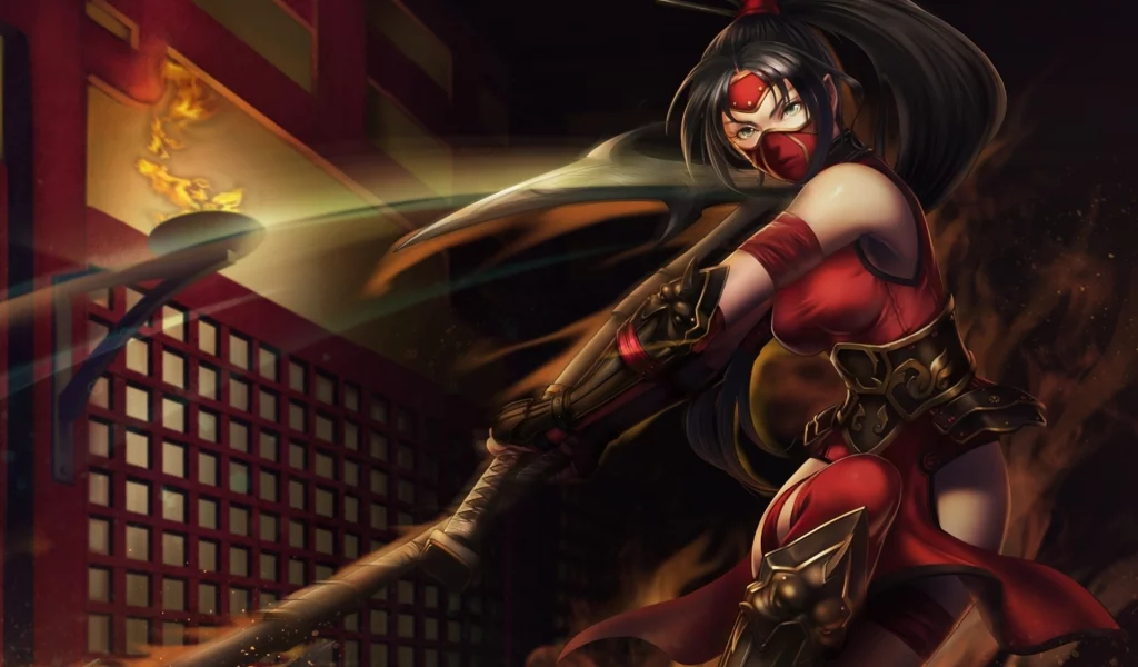девушка, akali, оружие, league of legends, повязка, движение, топор