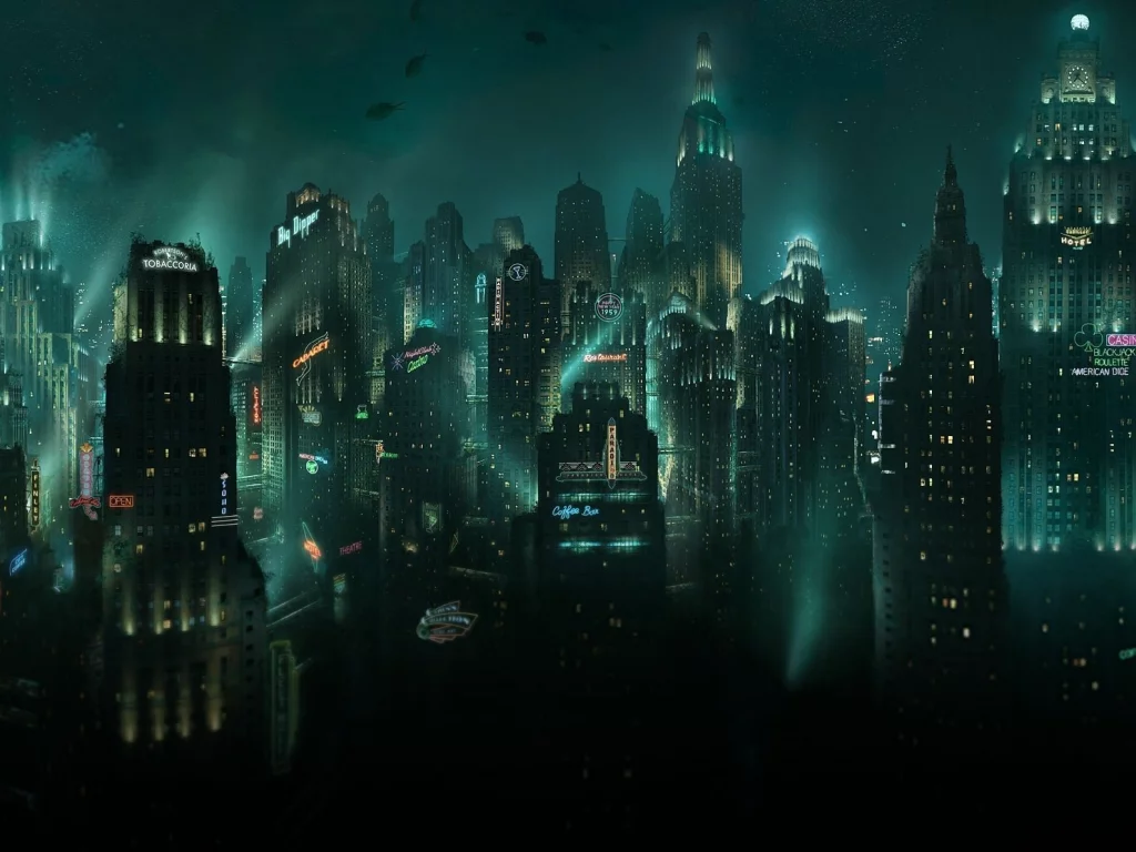 рыбы, небоскребы, подводный, восторг, город, вывески, bioshock, огни