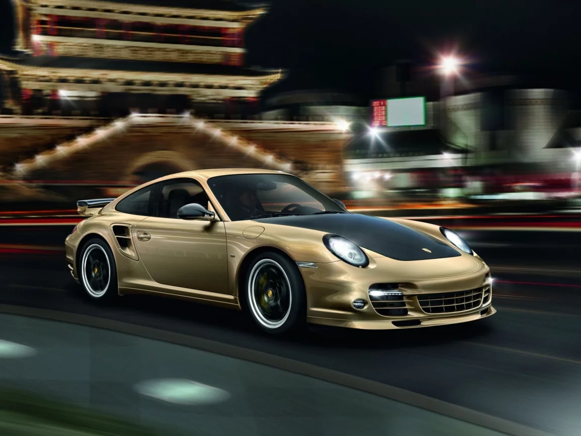 суперкар, turbo s, огни ночного города, золотого цвета, порше, турбо с, 10 year anniversary edition, юбилейная версия, 911, porsche, китайкий храм