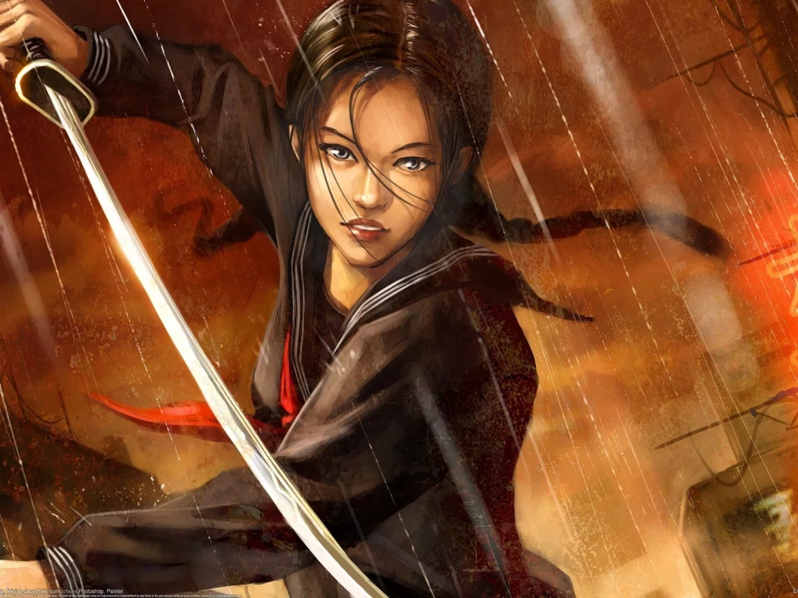 азиатка, chong fei giap, дождь, форма, blood the last vampire, арт, меч, девушка, город, катана, иероглифы