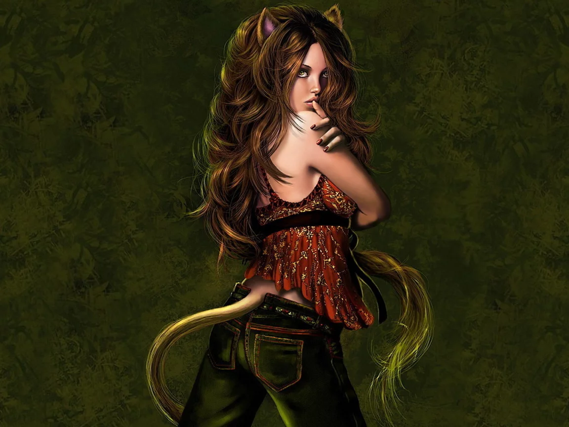 кошка, фентази, графика, девушка