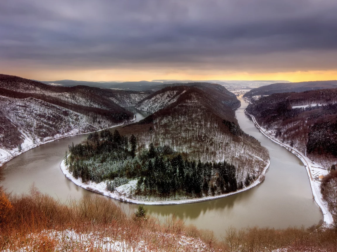 холод, европа, зима, снег, осень, метлах, саар, облака, мороз, германия, изгиб, облачно, река