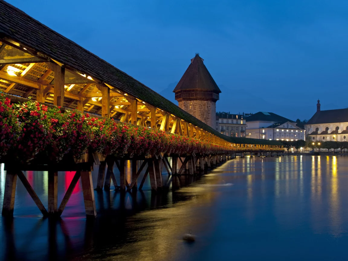 lucerne, chapel bridge, switzerland, огни, вечер, мост