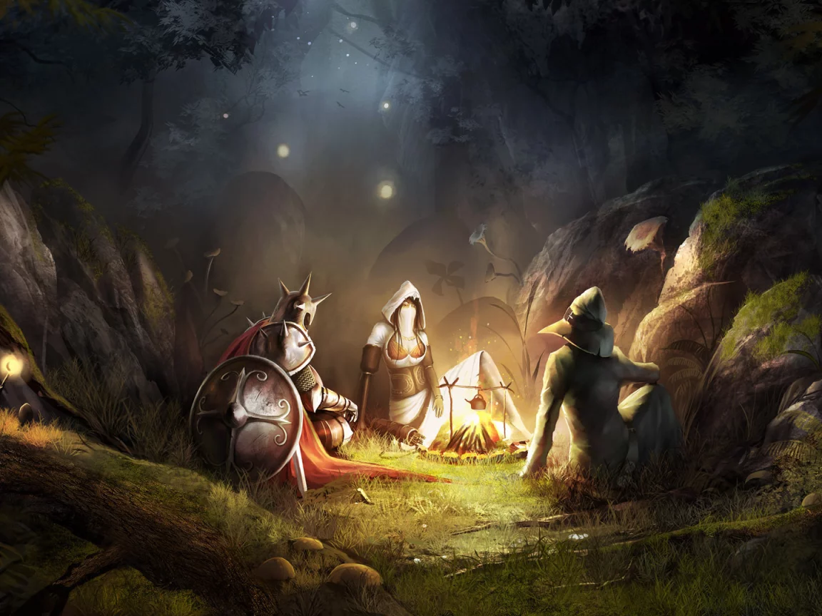 костер, воин, ночь, привал, щит, trine 2, лес