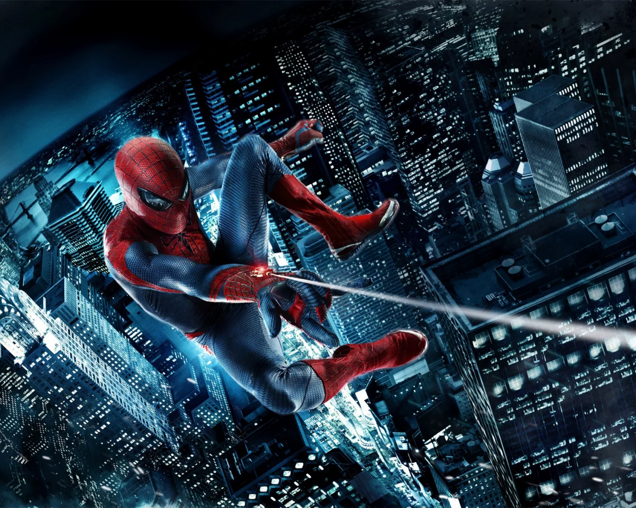 человек-паук, ночь, летит, spider-man, небоскребы, пвутина