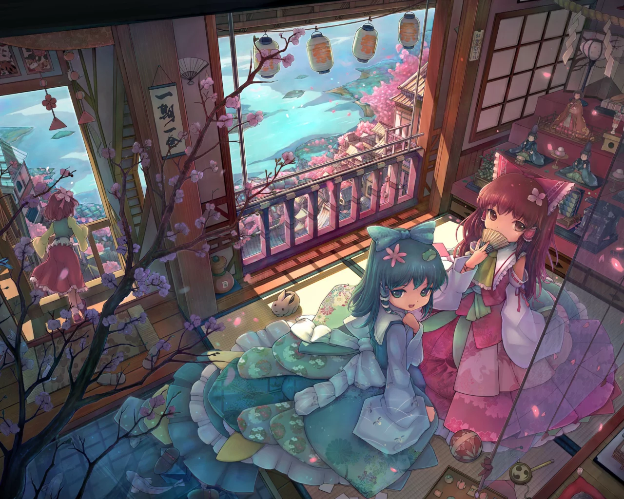 веер, сакура, фонари, девочки, дом, touhou, балкон, цветы, подруги, комната