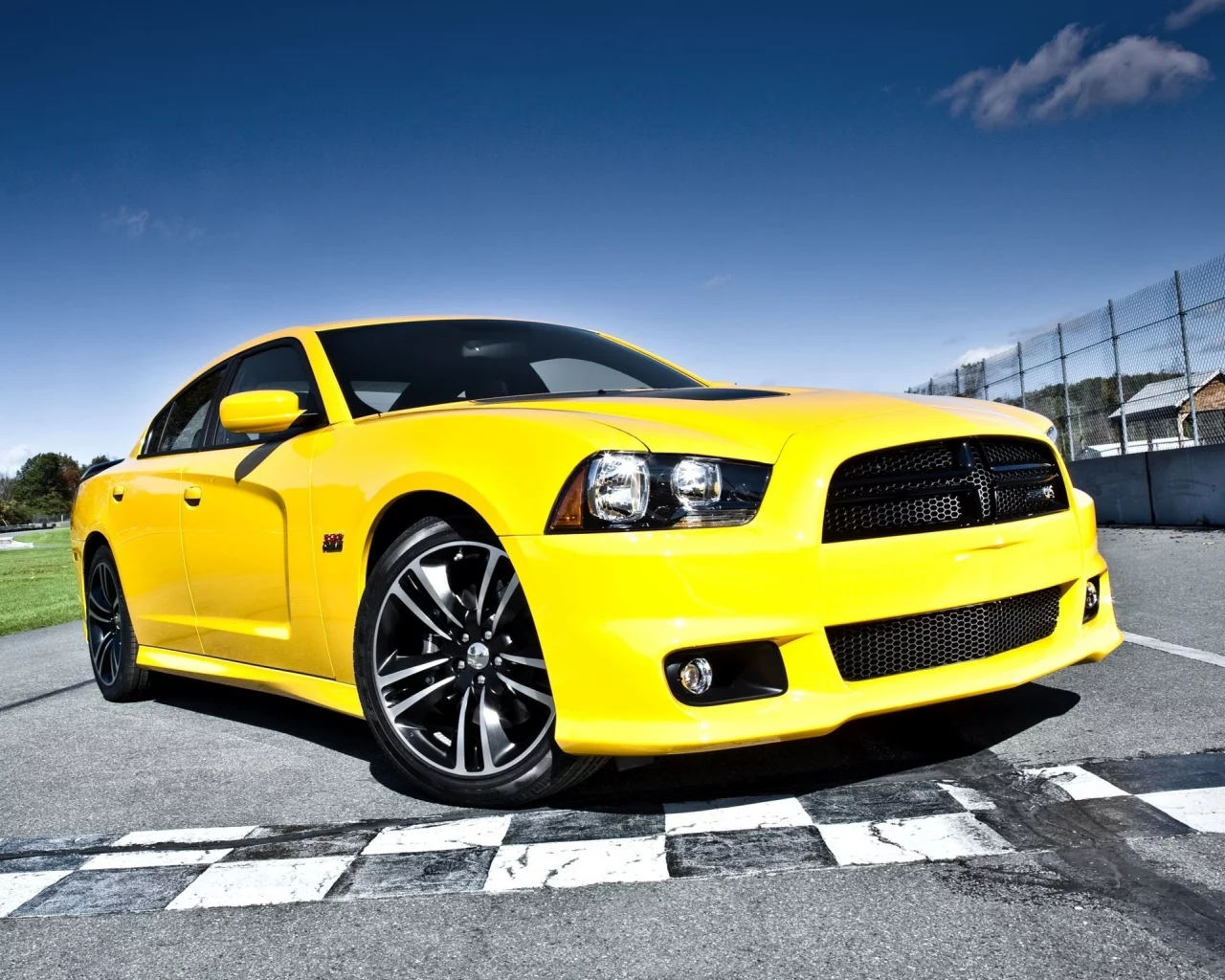 гоночная трасса, muscle car, dodge, charger, желтый, додж, super bee, супер бее, srt8, чарджер, мускул кар, небо, передок, срт8