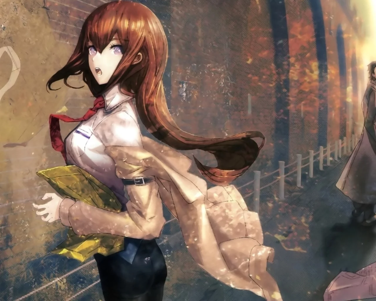 город, makise kurisu, парень, заборчик, сердечко, steins gate, девушка, стена, арт, okabe rintarou