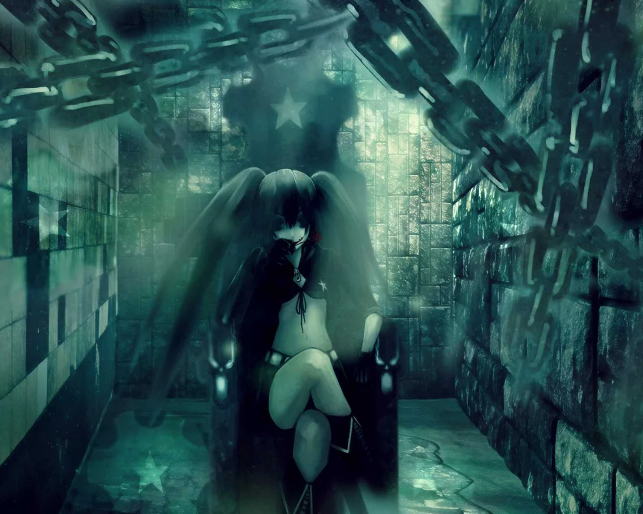 стены, кресло, девушка, звезды, black rock shooter, цепи