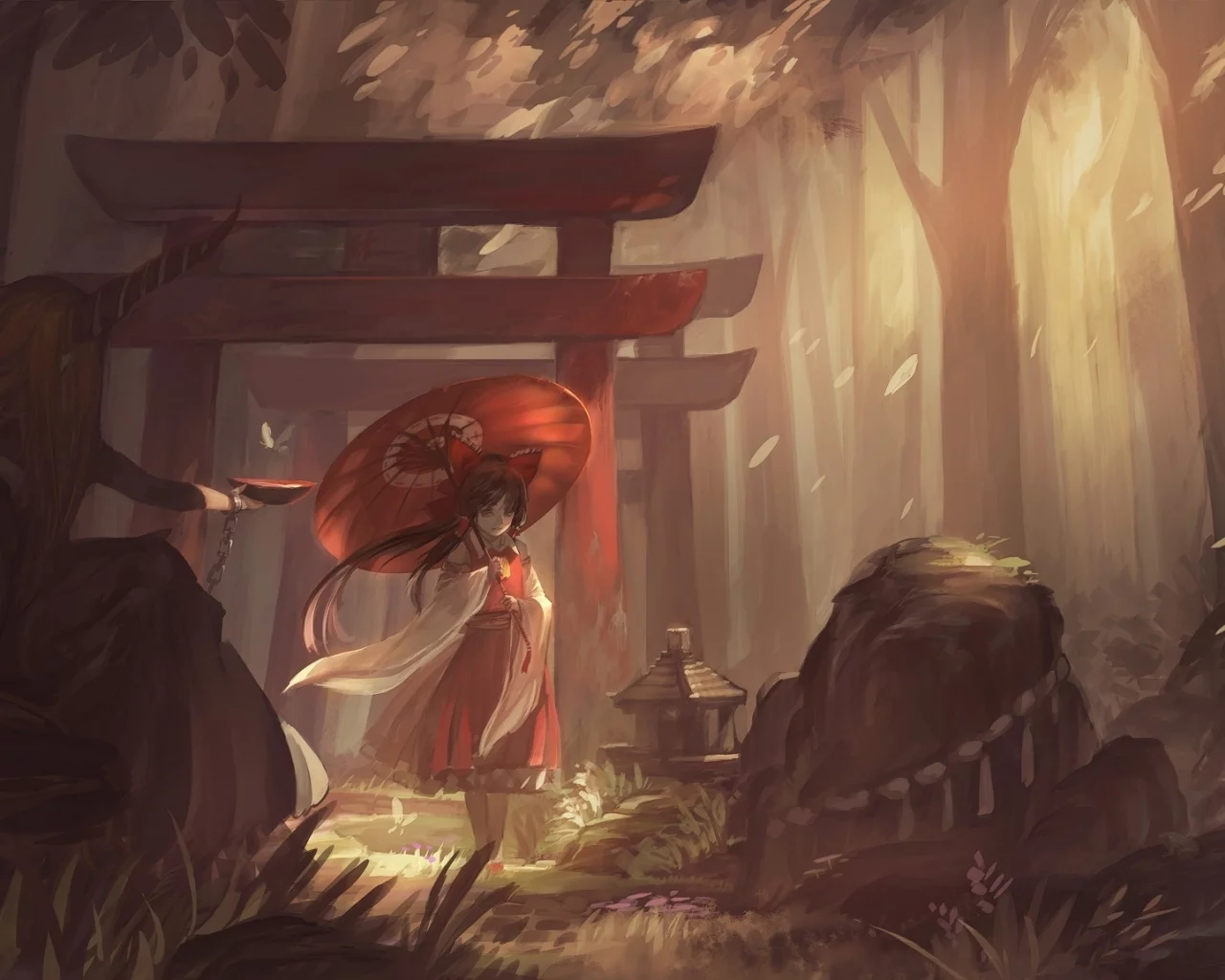 камни, бабочка, ibuki suika, лес, зонт, цепи, рога, ворота, пиала, девушки, touhou, рисунок, hakurei reimu