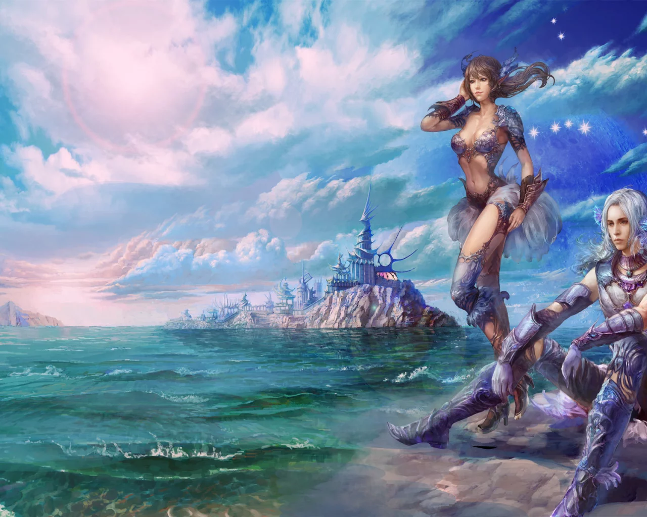 warriors, mmorpg, море, небо, облака, замок, fantasy, девушка, горы, доспехи, game wallpapers, фэнтези, perfect world, воин