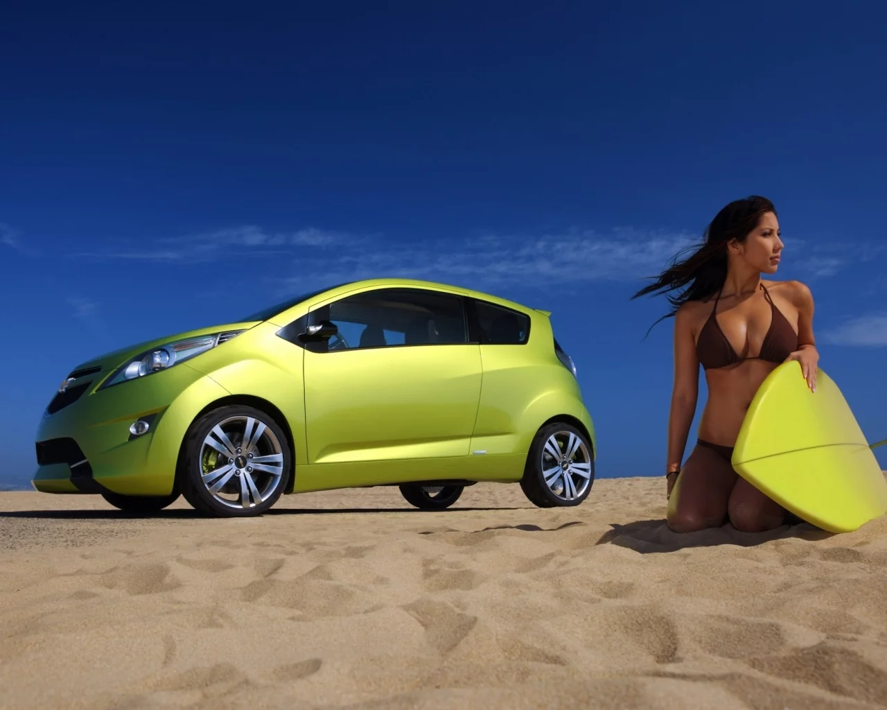 серфинг, chevrolet, девушка, пляж, автомобиль, небо