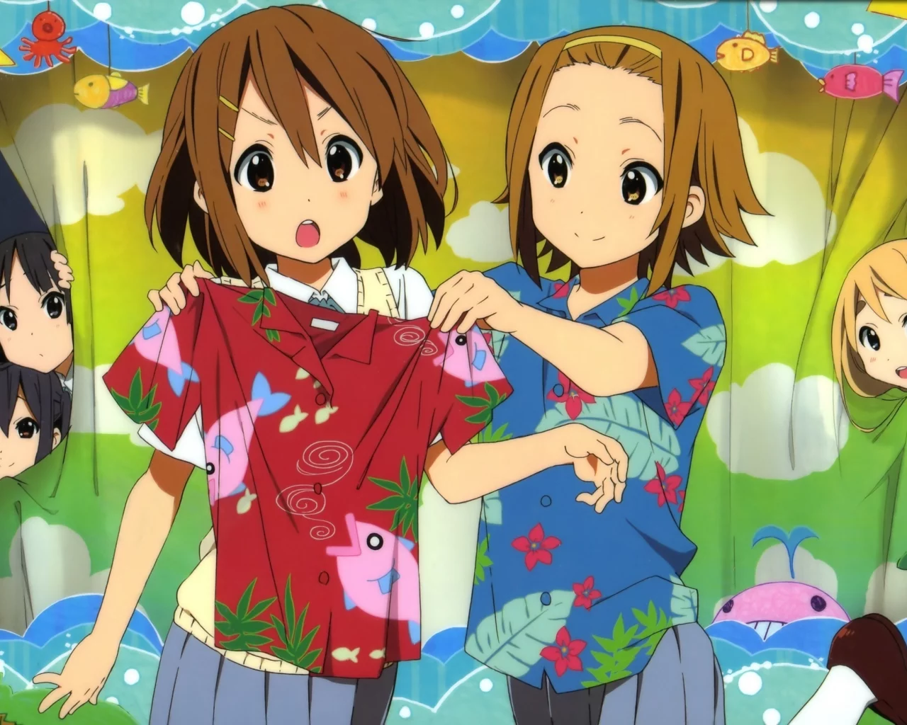 k-on, футболки, адзуса, мио, юи, муги, примерка, ритсу