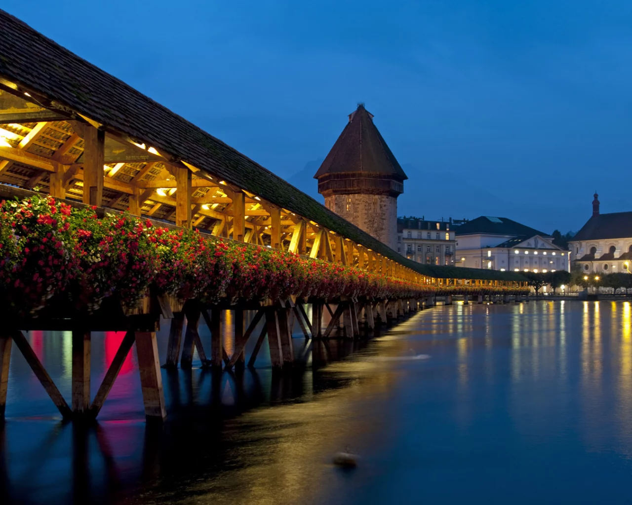 lucerne, chapel bridge, switzerland, огни, вечер, мост