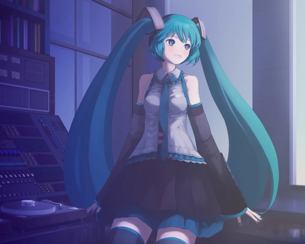 сидит, улыбается, vocaloid, hatsune miku