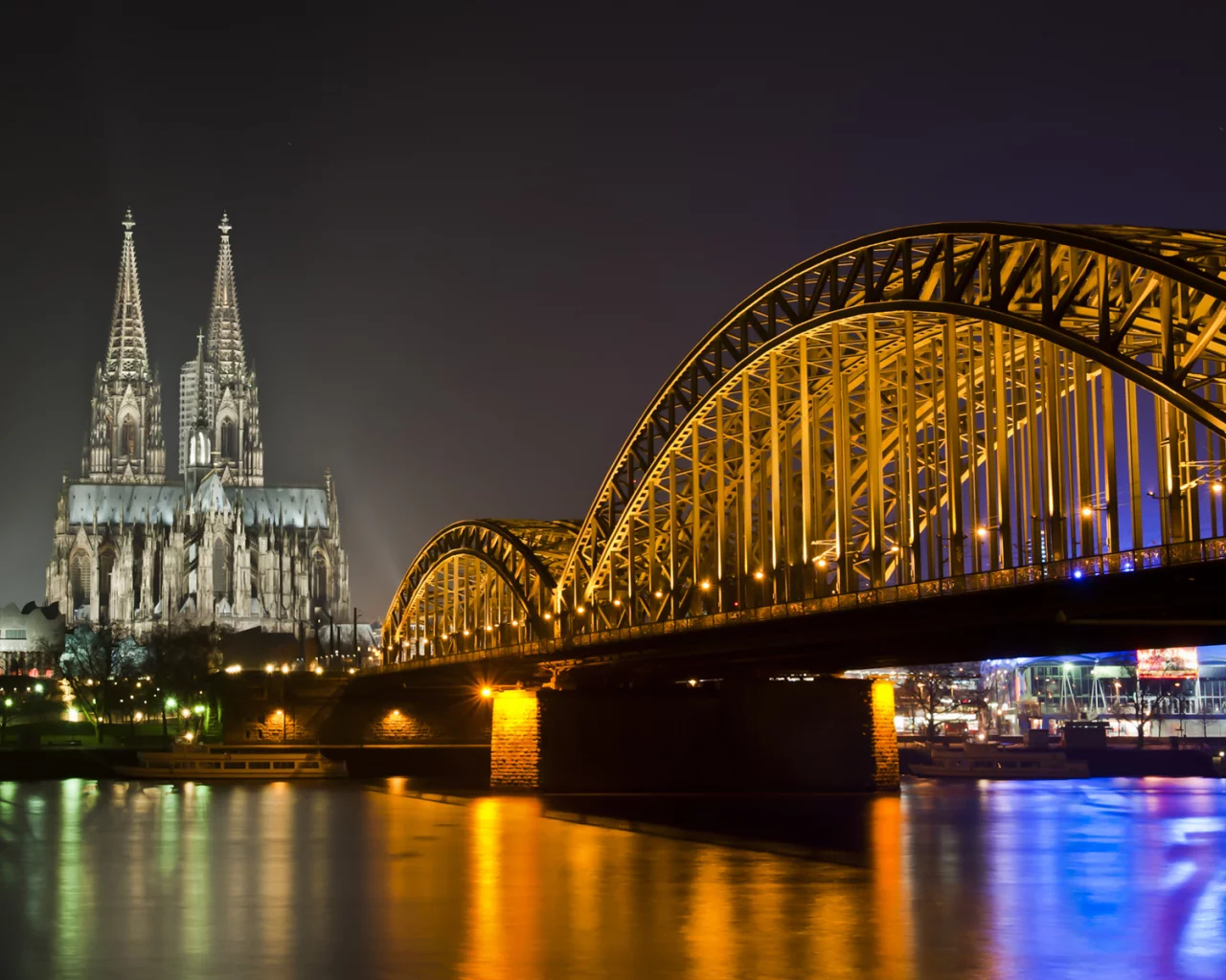 река, germany, огни, ночь, собор, мост, германия, cologne, rhine, кёльн