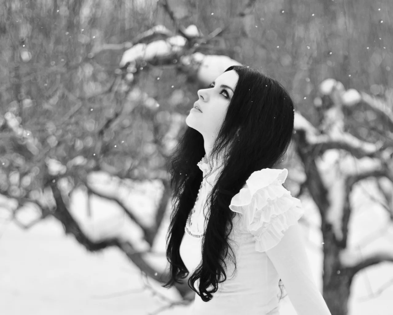 взгляд, снежинки, female and the snow, красавица, зима, девушка