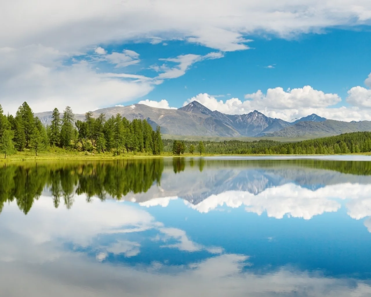 вода, горы, отражение, небо, облака, деревья