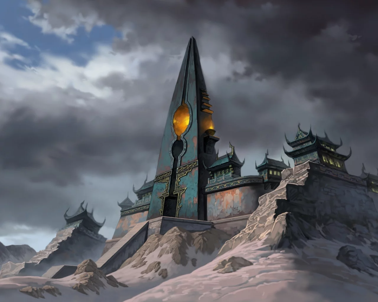 храм, башня, jade dynasty, снег, горы