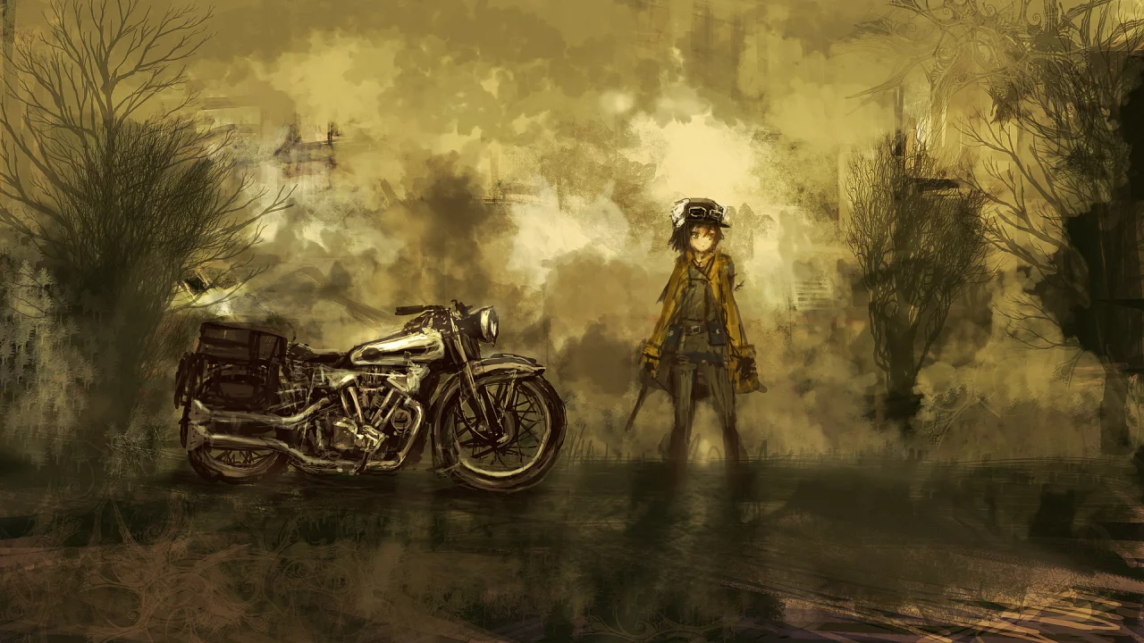 путешествие кино, kino no tabi, мотоцикл, аниме, арт, девушка, гермес