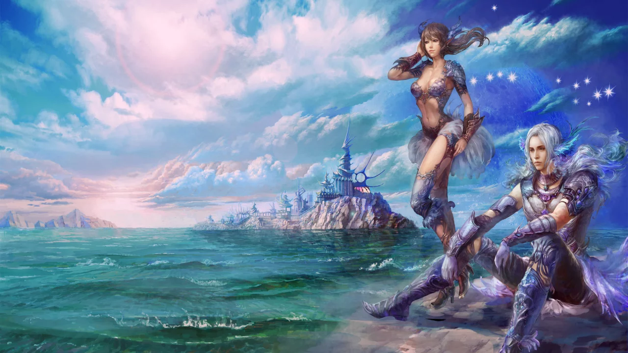 warriors, mmorpg, море, небо, облака, замок, fantasy, девушка, горы, доспехи, game wallpapers, фэнтези, perfect world, воин